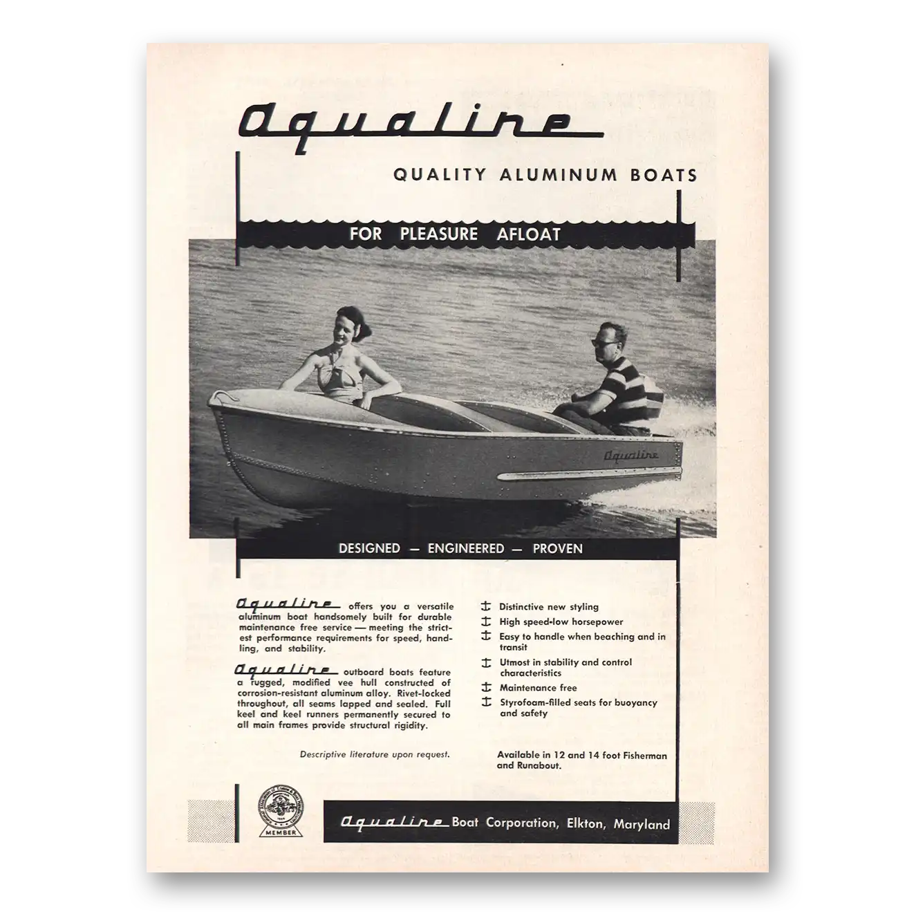 1955 Aqualine Boats Pleasure Afloat Vintage Magazine Print Ad