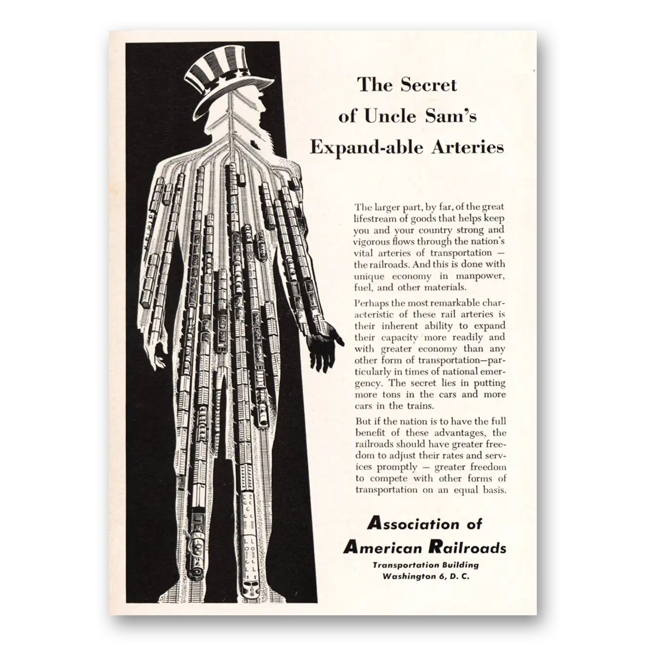 1955 Association of American Railroads Uncle Sams Expand Able Arteries Vintage Magazine Print Ad