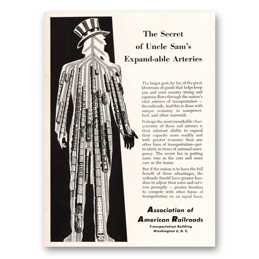 1955 Association of American Railroads Uncle Sams Expand Able Arteries Vintage Magazine Print Ad