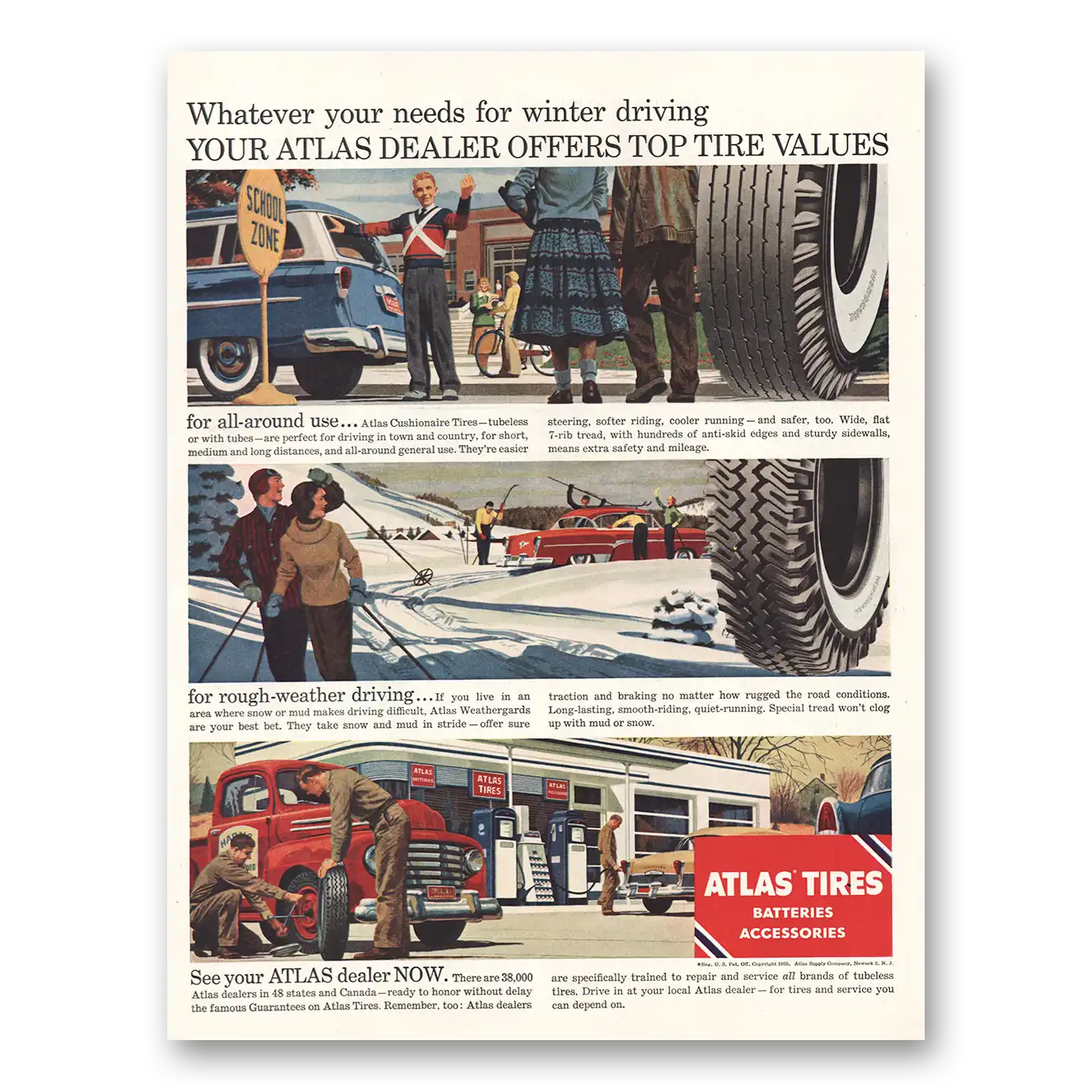 1955 Atlas Tires Winter Driving Vintage Magazine Print Ad