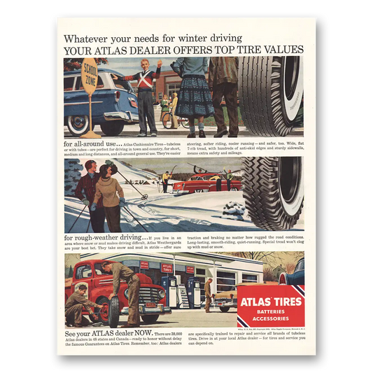 1955 Atlas Tires Winter Driving Vintage Magazine Print Ad