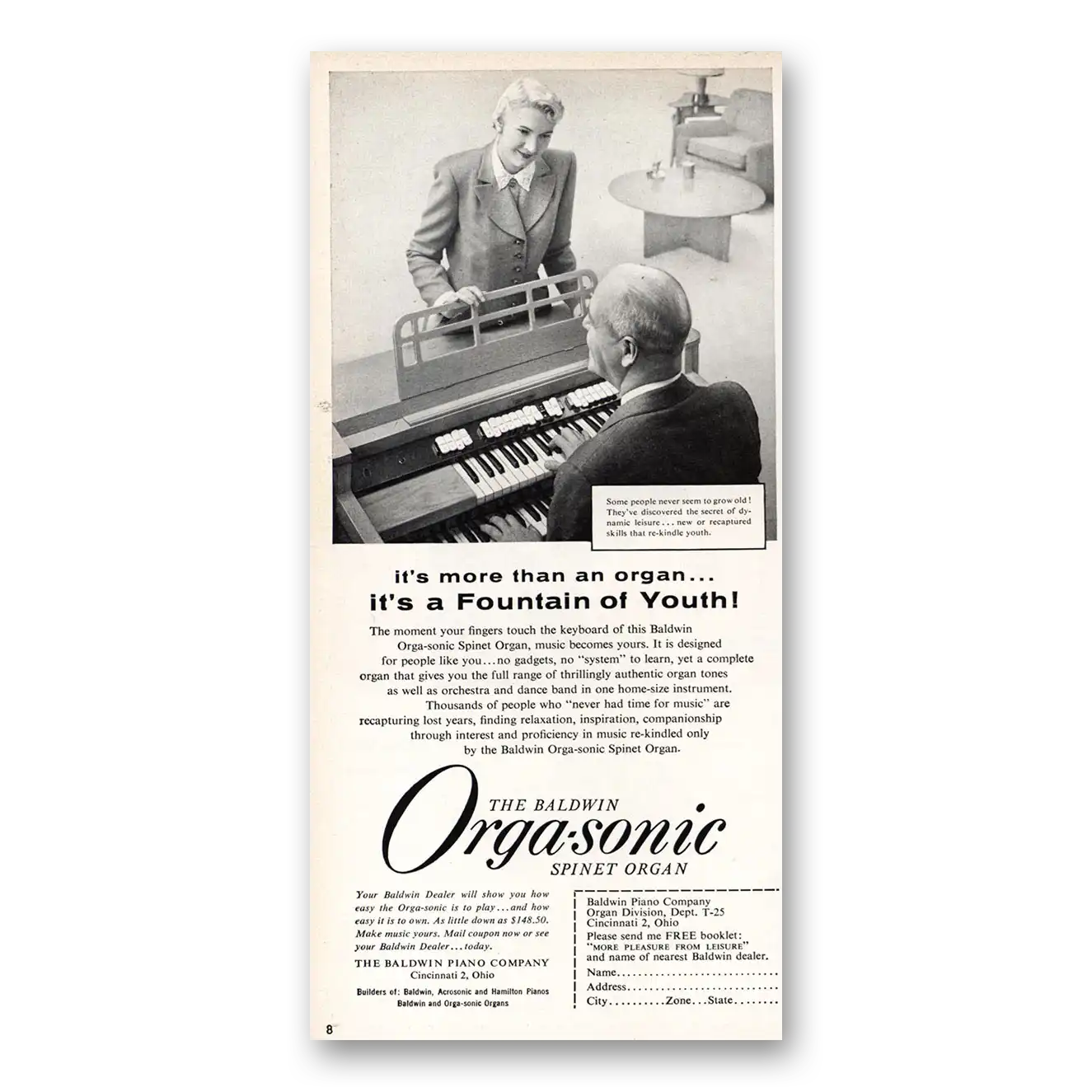 1955 Baldwin Orgasonic Organ Orgasonic Spinet Organ Fountain of Youth Vintage Magazine Print Ad