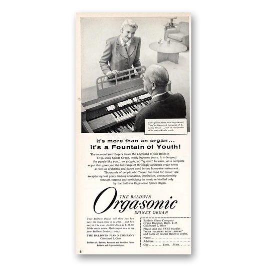 1955 Baldwin Orgasonic Organ Orgasonic Spinet Organ Fountain of Youth Vintage Magazine Print Ad