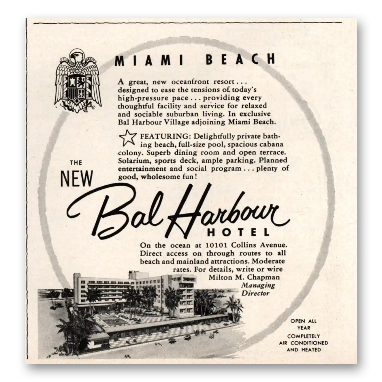 1955 Bal Harbour Hotel Miami Beach Oceanfront Resort Vintage Magazine Print Ad