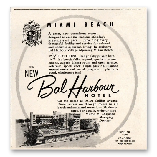 1955 Bal Harbour Hotel Miami Beach Oceanfront Resort Vintage Magazine Print Ad