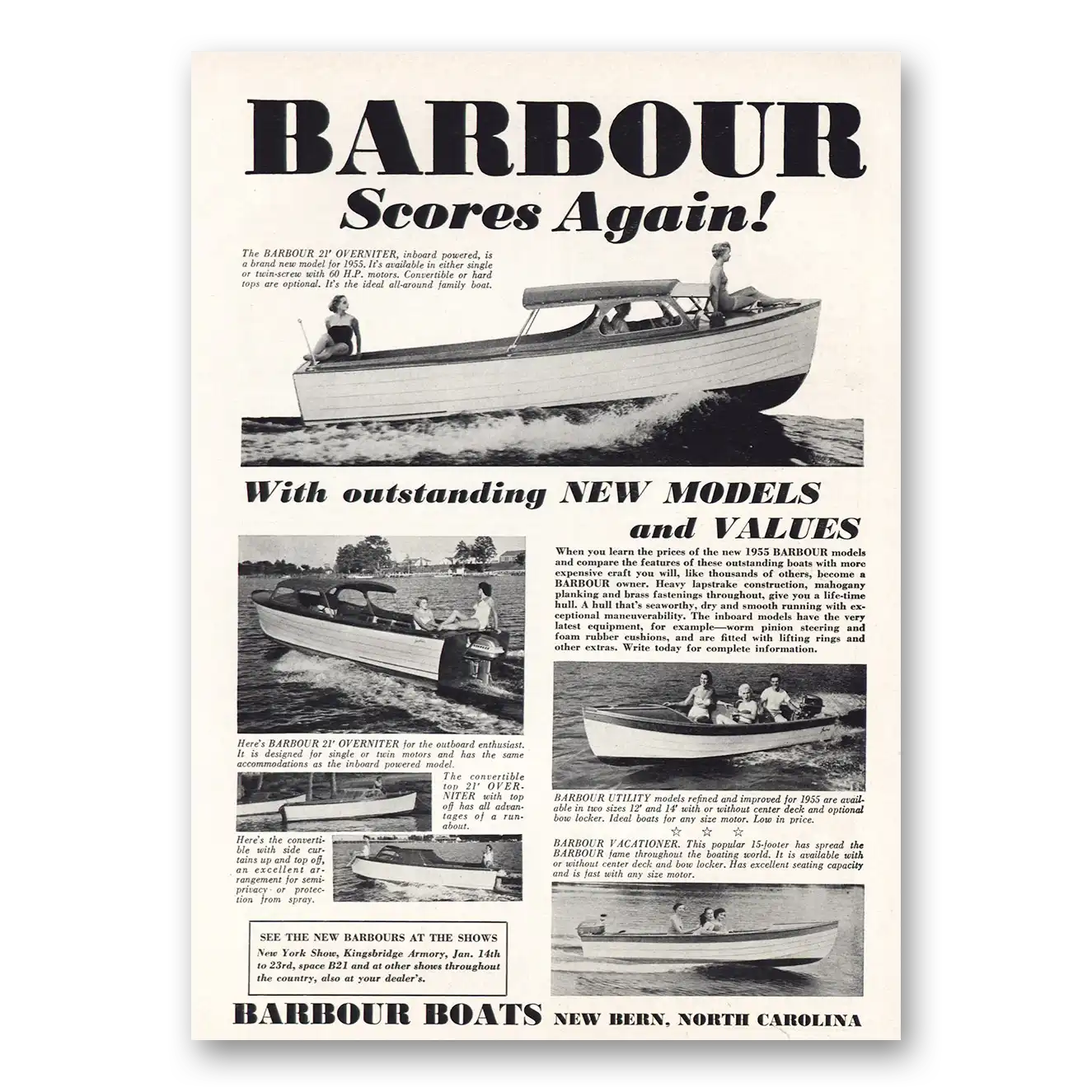 1955 Barbour Boats Scores Again Overniter Vintage Magazine Print Ad