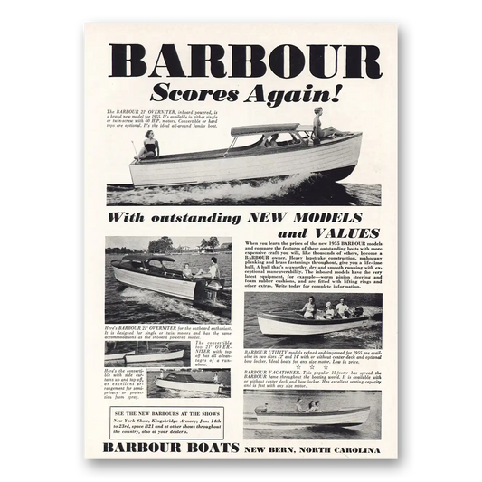 1955 Barbour Boats Scores Again Overniter Vintage Magazine Print Ad