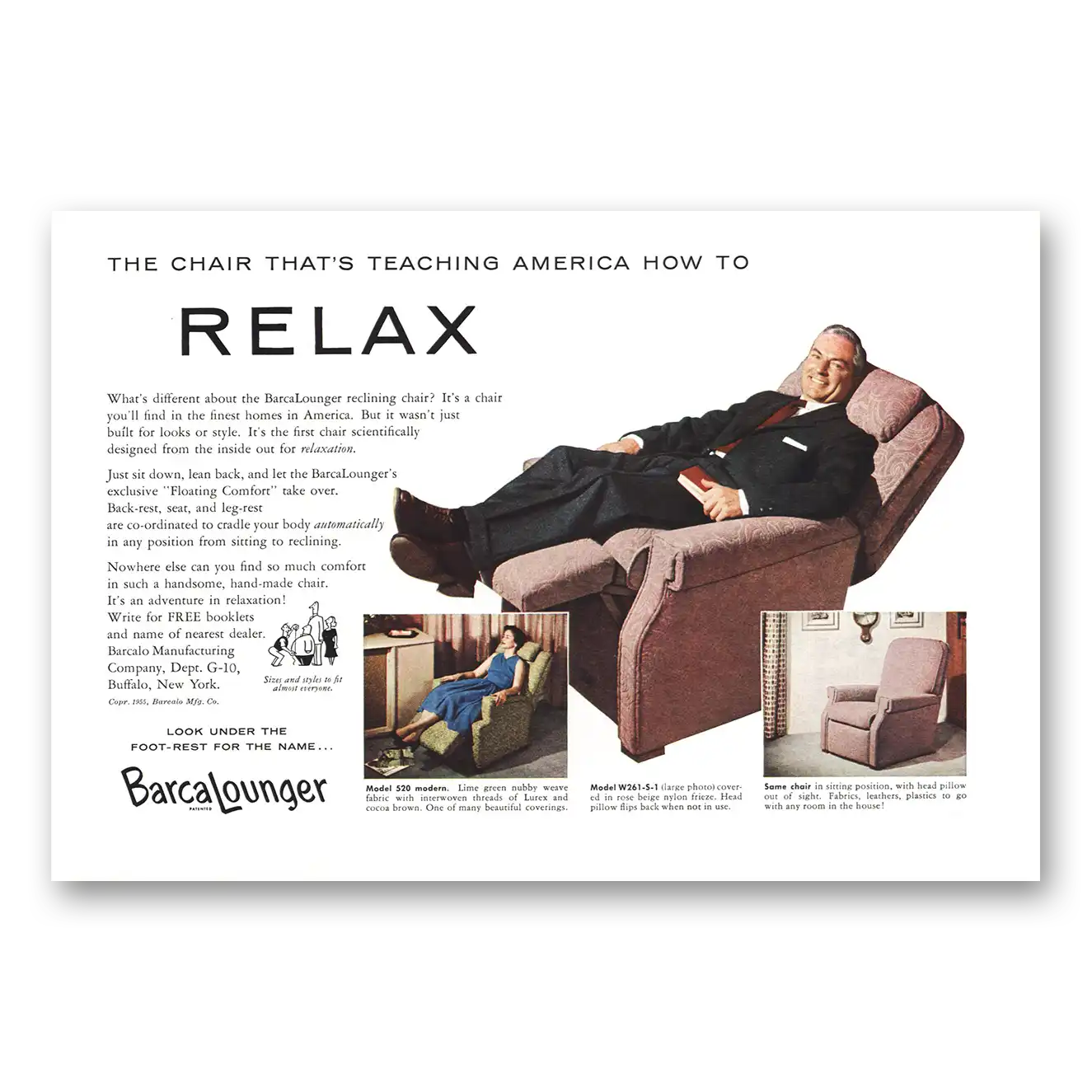 1955 BarcaLounger Chair Teaching America How to Relax Vintage Magazine Print Ad