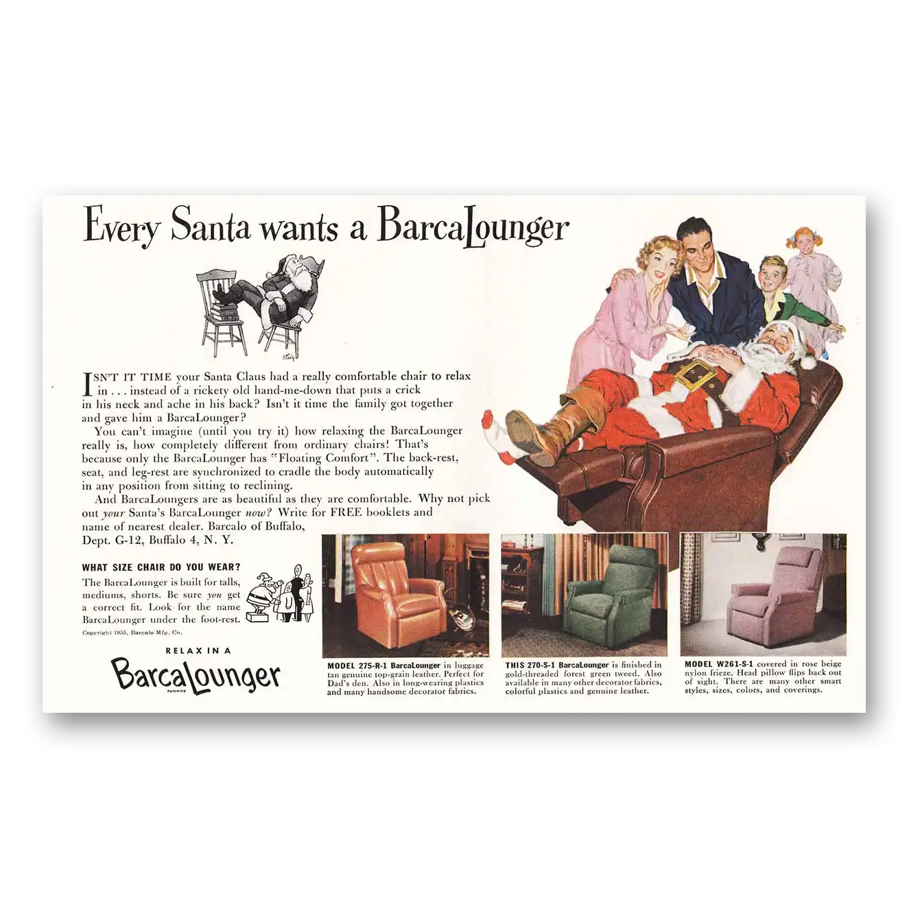 1955 BarcaLounger Every Santa Wants a BarcaLounger Vintage Magazine Print Ad