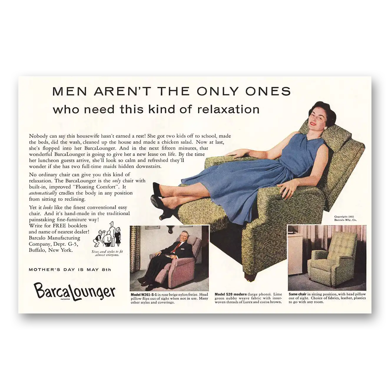 1955 BarcaLounger Men Aren't the Only Ones Vintage Magazine Print Ad