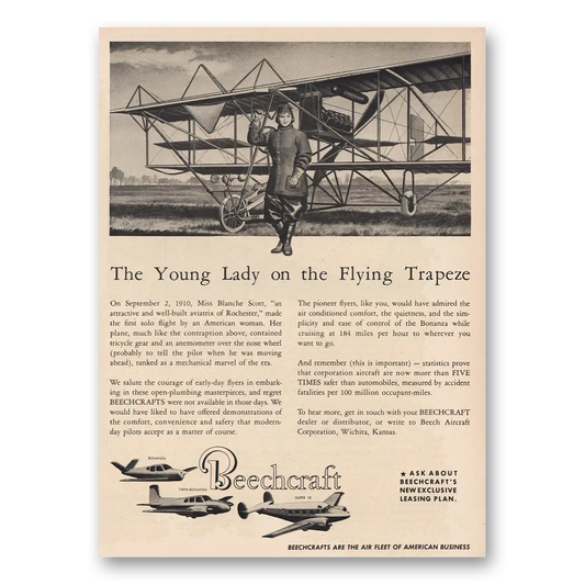1955 Beechcraft Young Lady On Flying Trapeze Vintage Magazine Print Ad