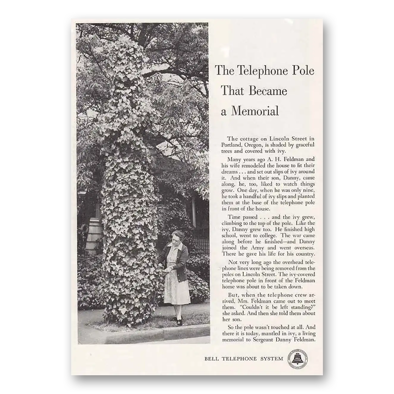 1955 Bell Telephone Telephone Pole Memorial Vintage Magazine Print Ad