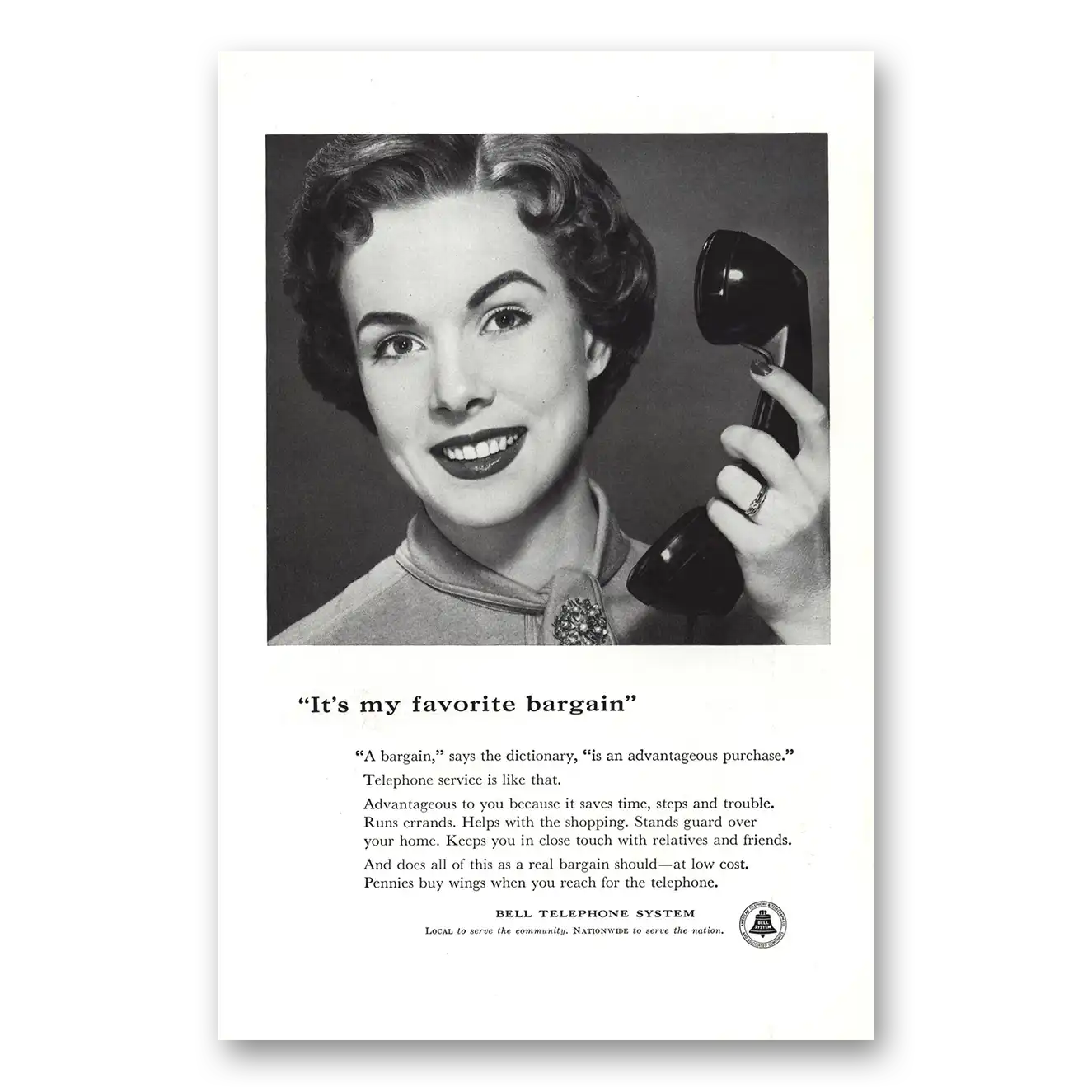 1955 Bell Telephone My Favorite Bargain Vintage Magazine Print Ad