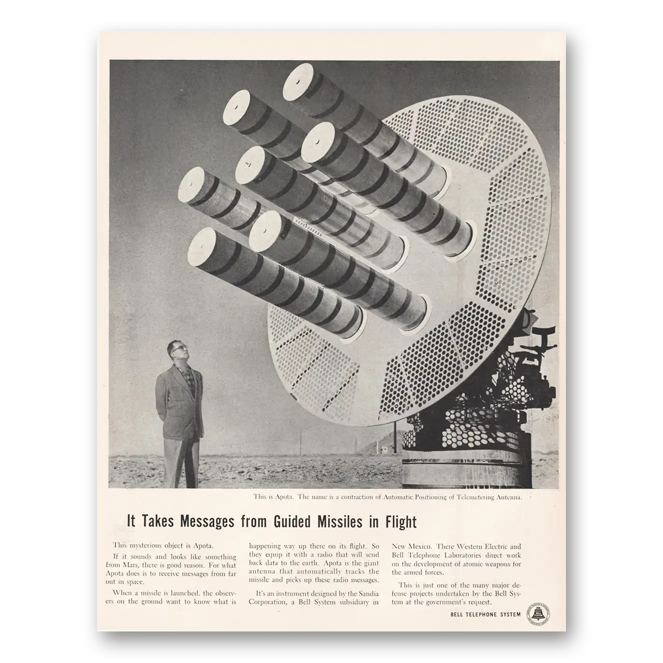 1955 Bell Telephone Takes Messages From Guided Missiles In Flight Vintage Magazine Print Ad