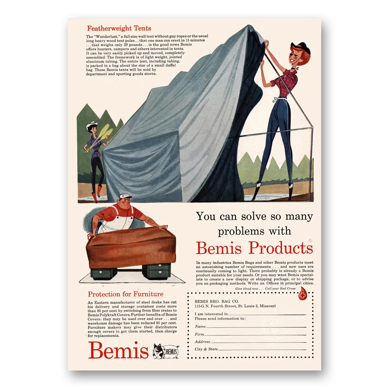 1955 Bemis Featherweight Tents Vintage Magazine Print Ad