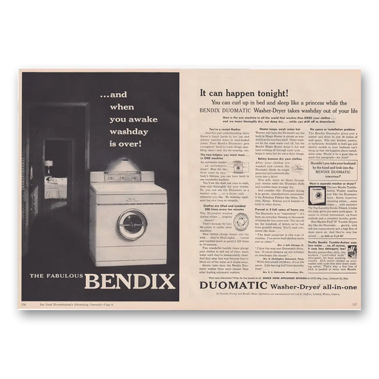 1955 Bendix Washer Dryer When You Awake Washday Is Over Vintage Magazine Print Ad