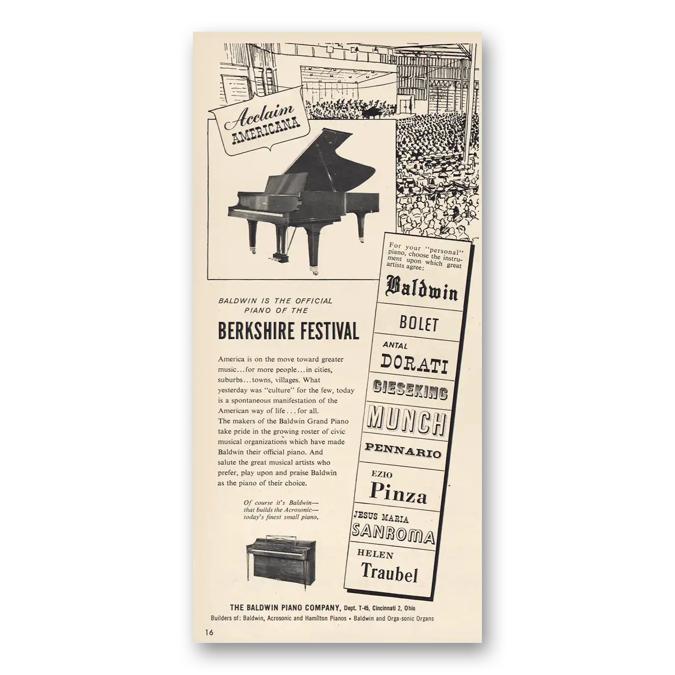 1955 Berkshire Festival Acclaim Americana Vintage Magazine Print Ad