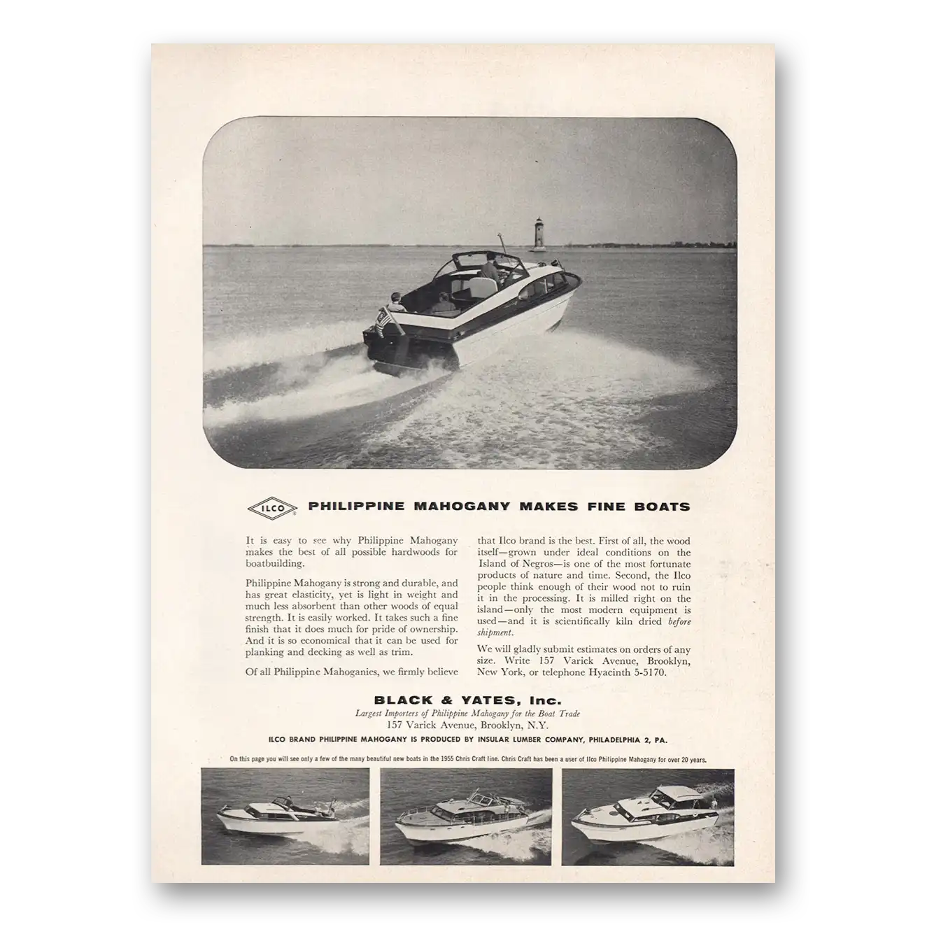 1955 Black & Yates Fine Boats Philippine Mahogany Makes Fine Boats Vintage Magazine Print Ad