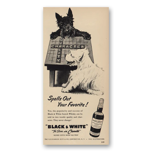 1955 Black and White Scotch Spells Out Favorite Vintage Magazine Print Ad