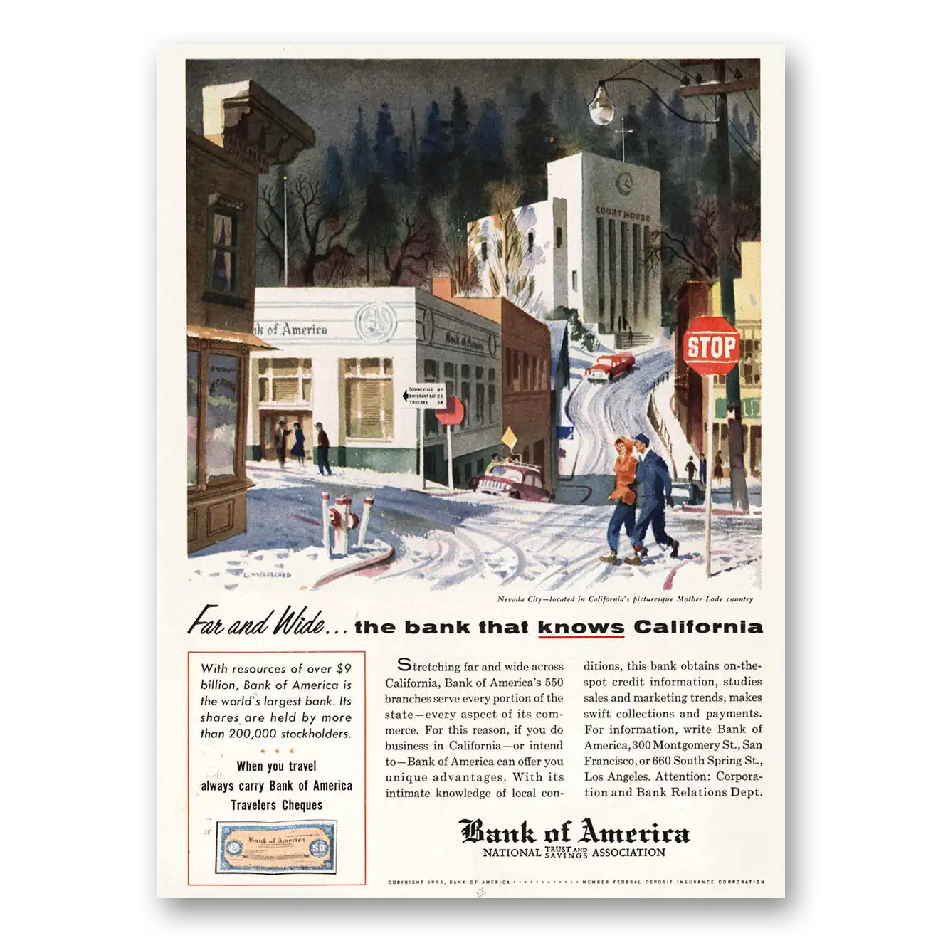 1955 Bank of America Travelers Cheques Nevada City Vintage Magazine Print Ad