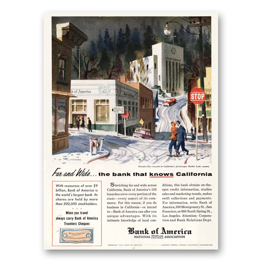 1955 Bank of America Travelers Cheques Nevada City Vintage Magazine Print Ad