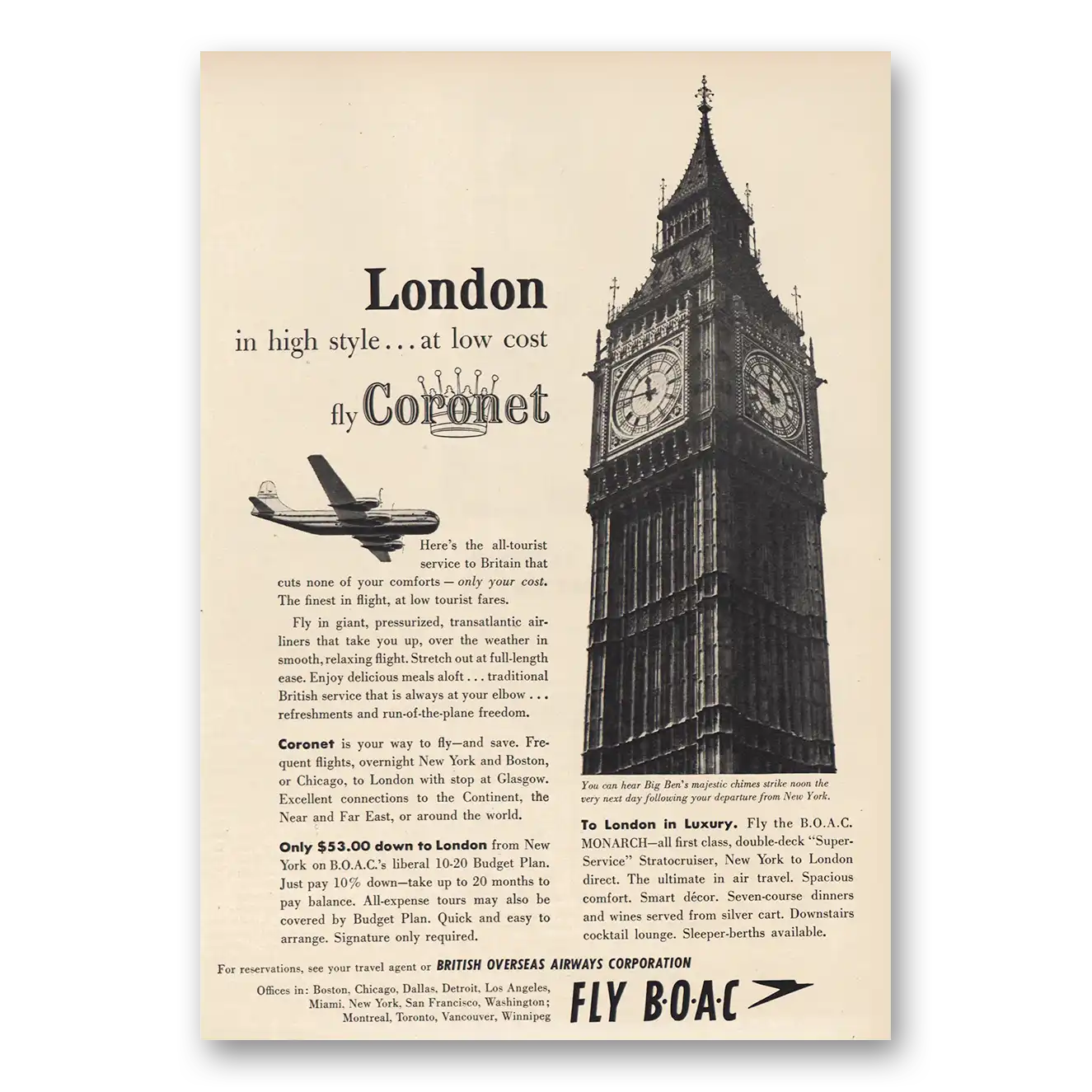 1955 British Airways BOAC London Fly Coronet Vintage Magazine Print Ad