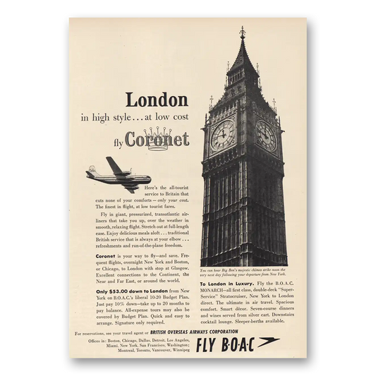 1955 British Airways BOAC London Fly Coronet Vintage Magazine Print Ad