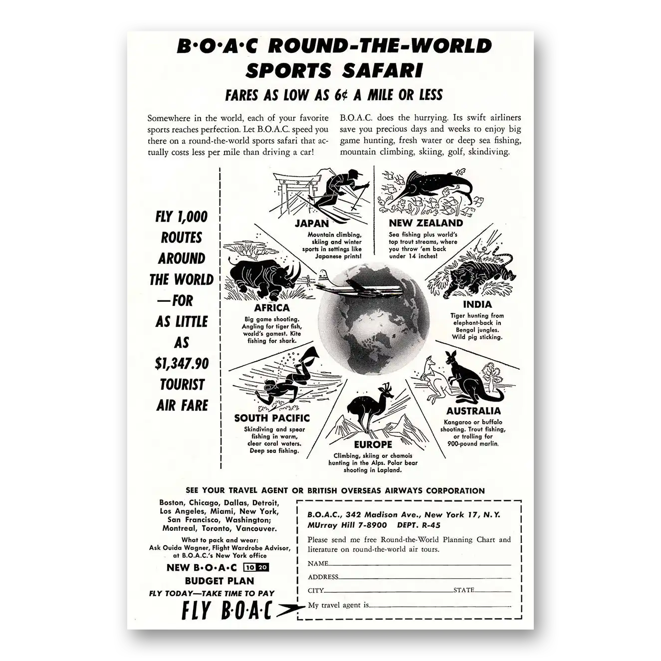 1955 British Airways BOAC Round the World Sports Safari Vintage Magazine Print Ad