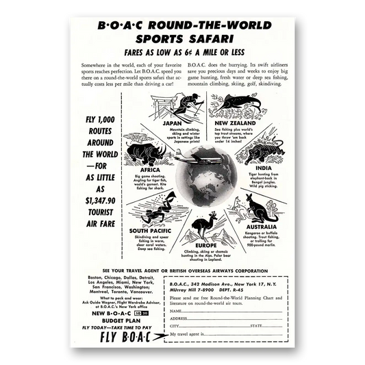 1955 British Airways BOAC Round the World Sports Safari Vintage Magazine Print Ad