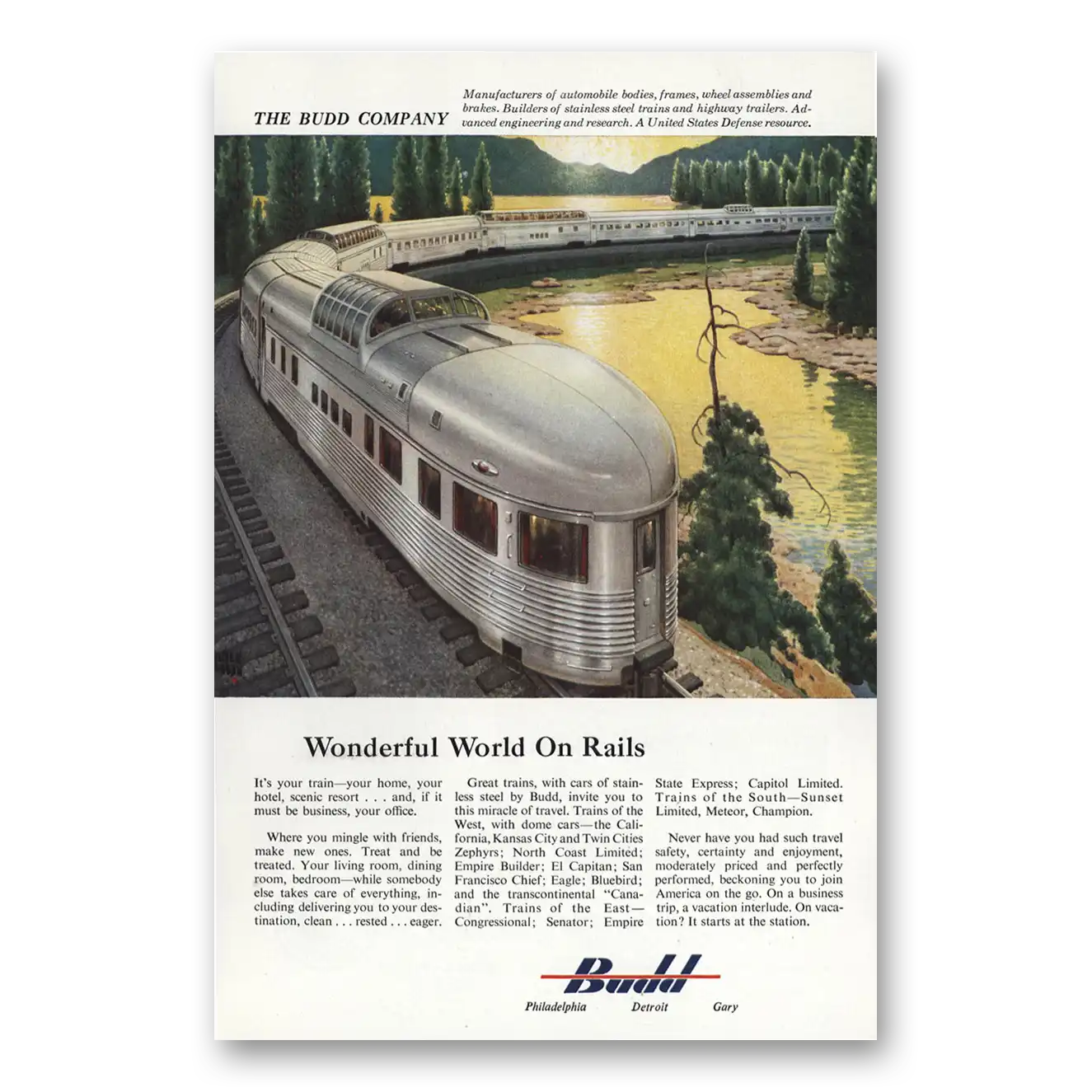 1955 Budd Wonderful World on Rails Vintage Magazine Print Ad