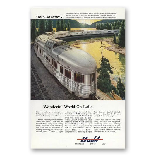 1955 Budd Wonderful World on Rails Vintage Magazine Print Ad