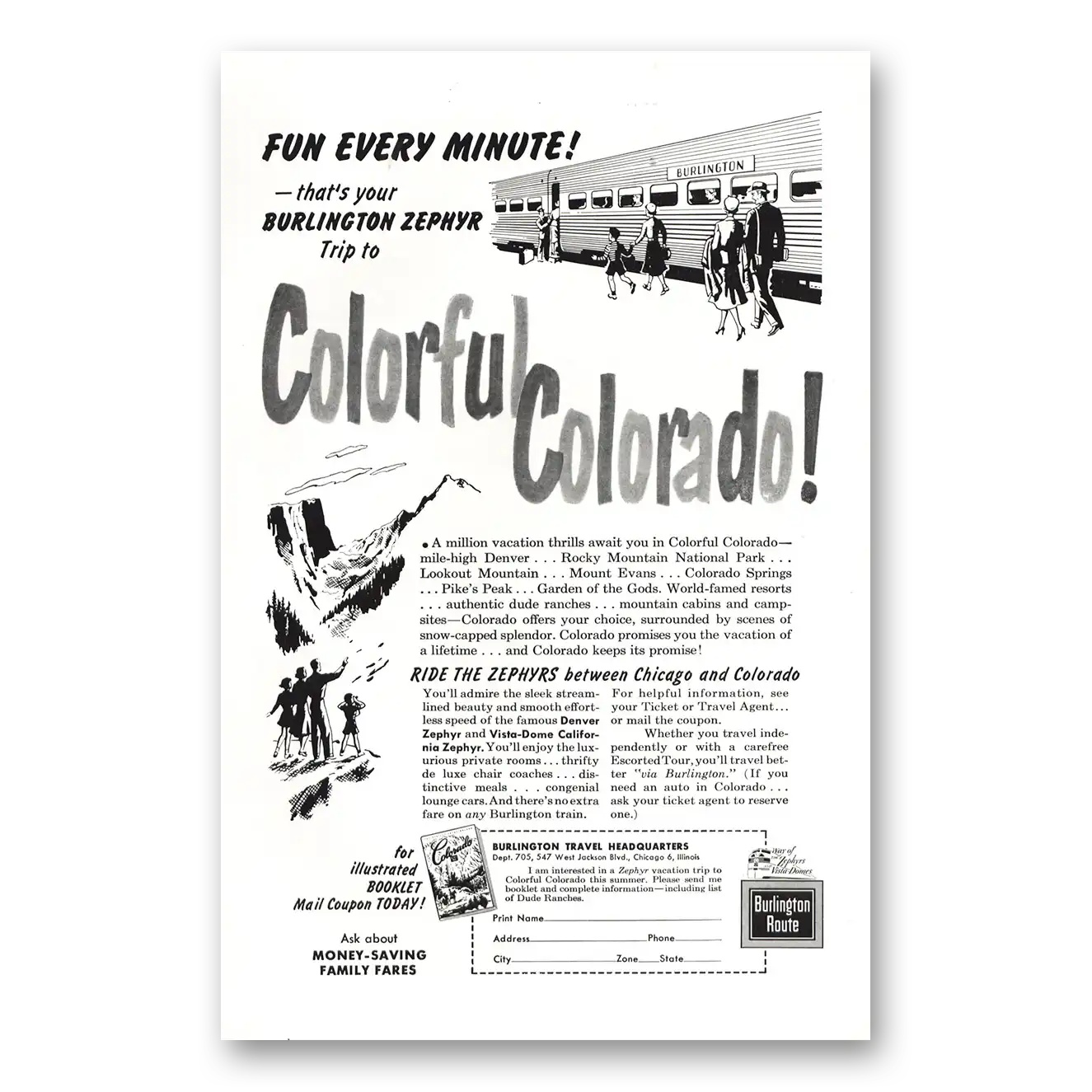 1955 Burlington Route Fun Every Minute Colorful Colorado Vintage Magazine Print Ad