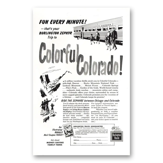 1955 Burlington Route Fun Every Minute Colorful Colorado Vintage Magazine Print Ad