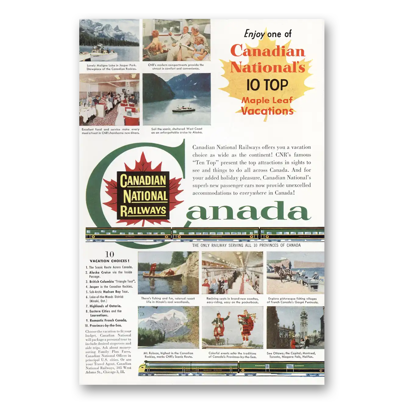 1955 Canadian National Railways Top Maple Leaf Vacations Vintage Magazine Print Ad