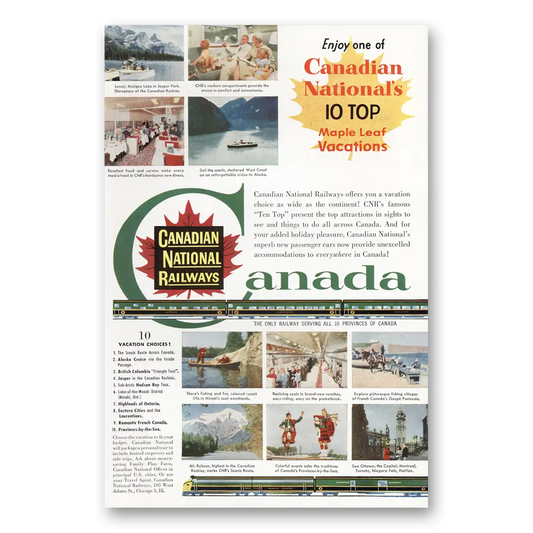 1955 Canadian National Railways Top Maple Leaf Vacations Vintage Magazine Print Ad