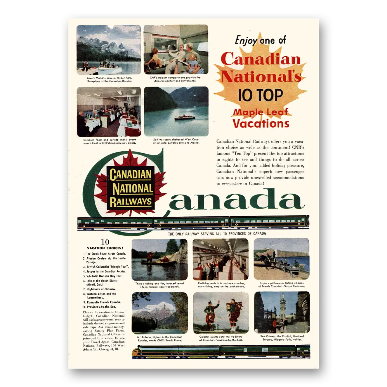 1955 Canadian National Railways Maple Leaf Vacations Vintage Magazine Print Ad