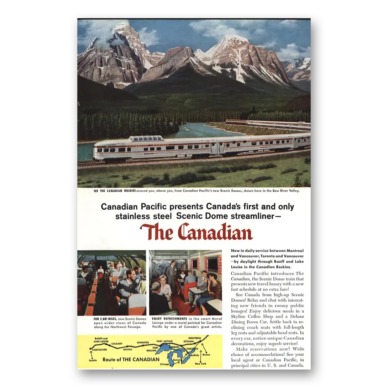 1955 Canadian Pacific Scenic Dome Streamliner Rockies Vintage Magazine Print Ad