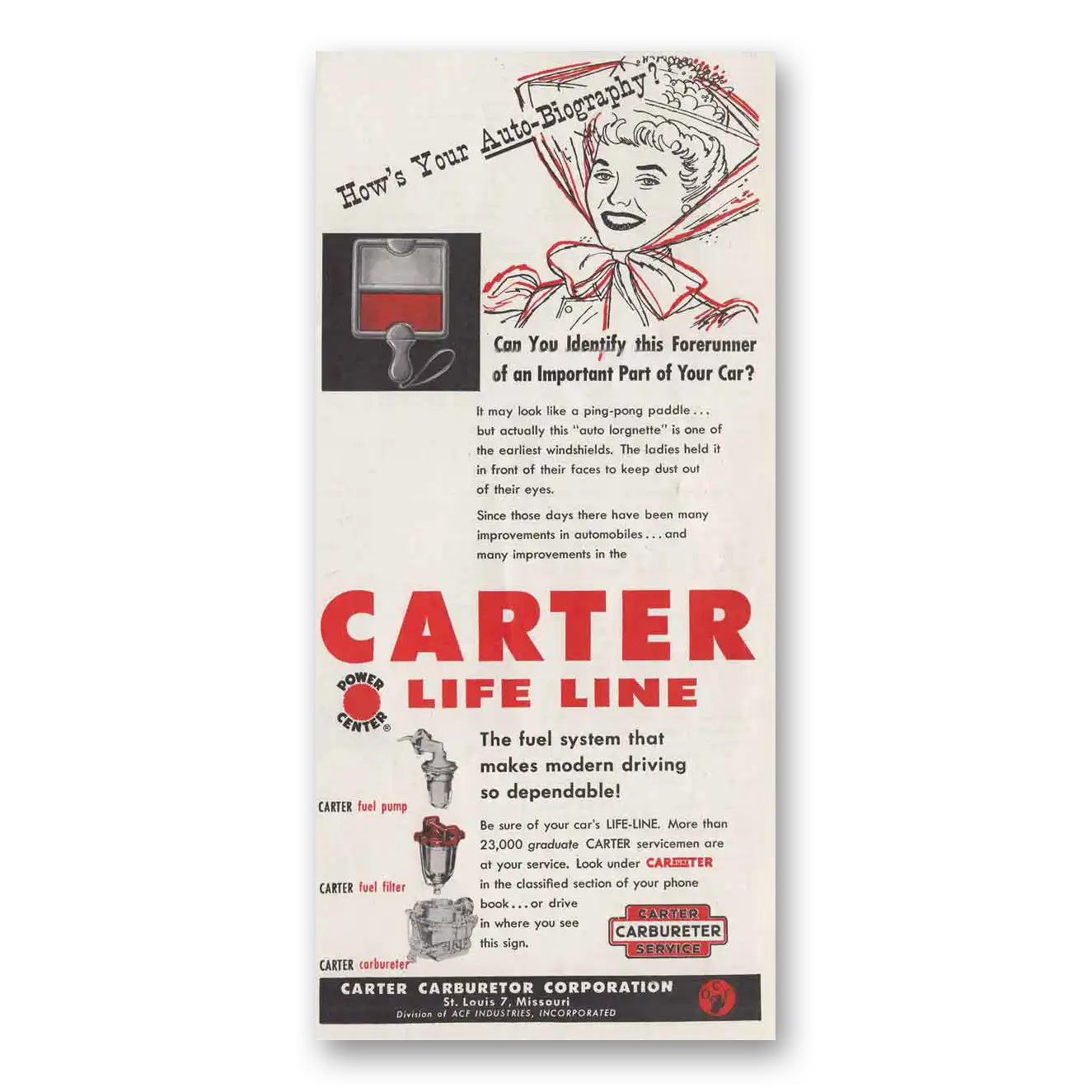 1955 Carter Carburetor Life Line Auto Biography Vintage Magazine Print Ad