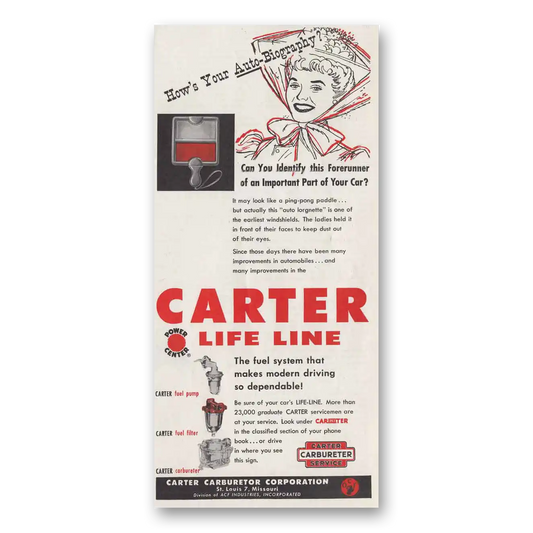 1955 Carter Carburetor Life Line Auto Biography Vintage Magazine Print Ad