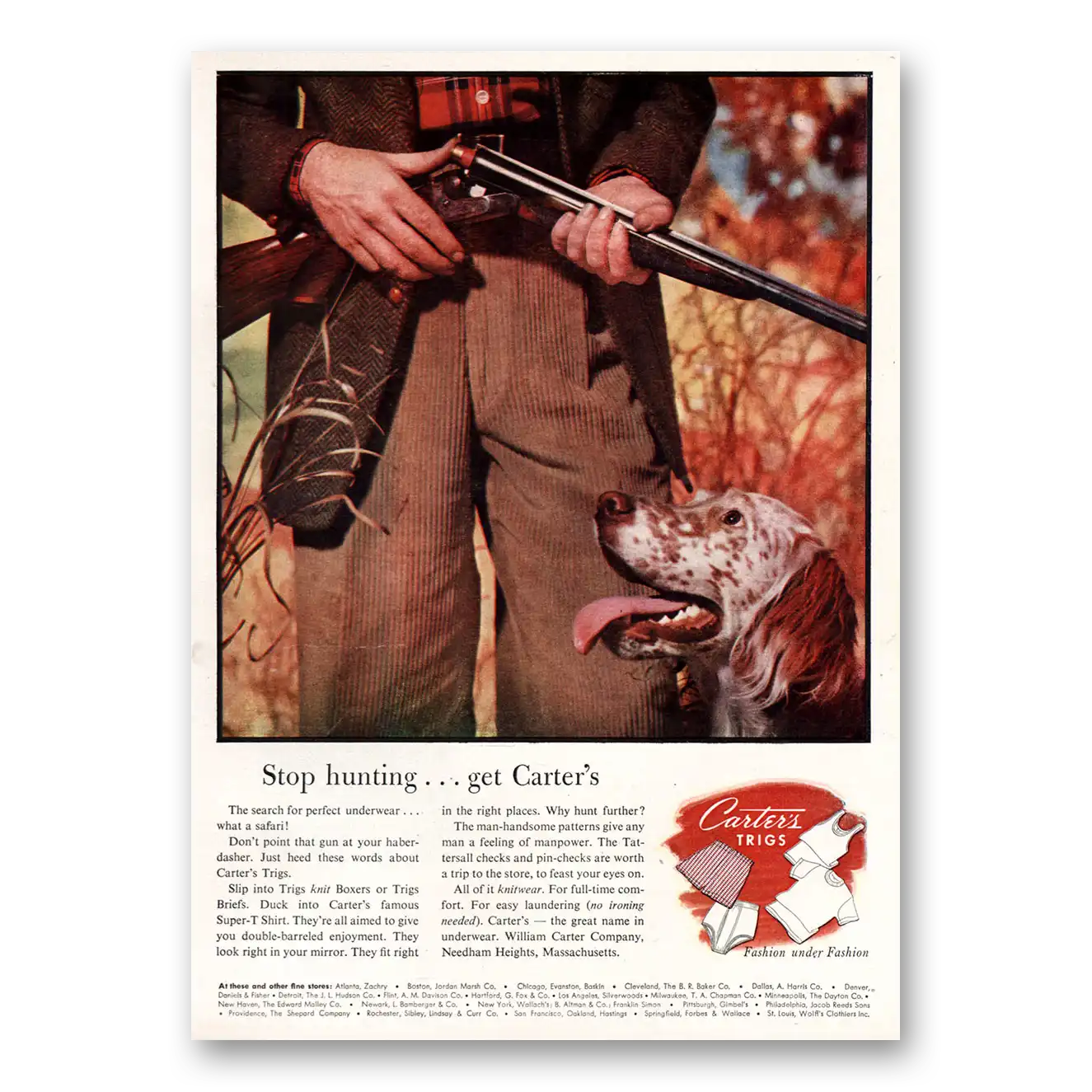 1955 Carters Trigs Stop Hunting Search for Perfect Underwear Vintage Magazine Print Ad