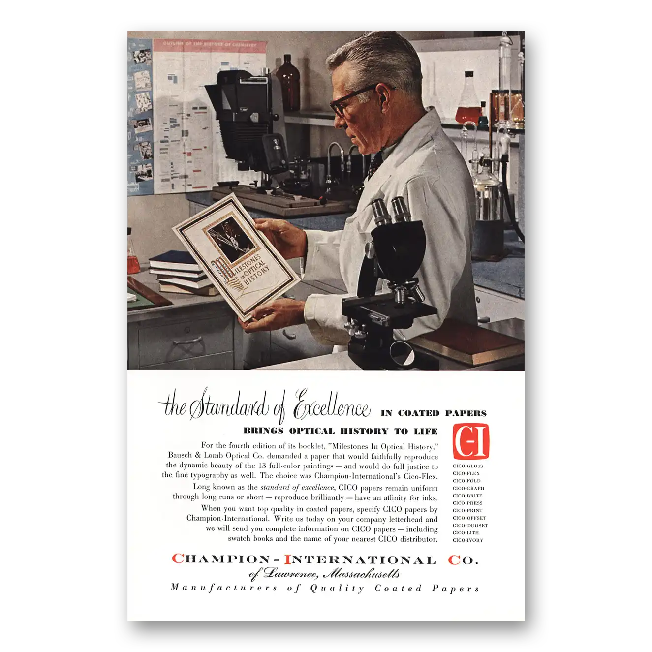 1955 Champion Coated Papers Optical History Vintage Magazine Print Ad