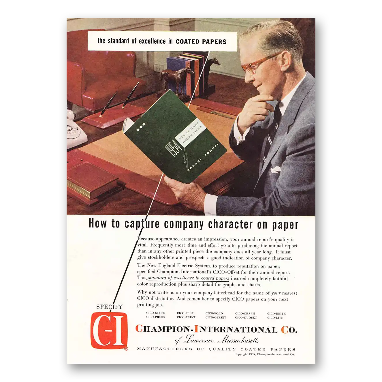 1955 Champion Coated Papers New England Electric Vintage Magazine Print Ad