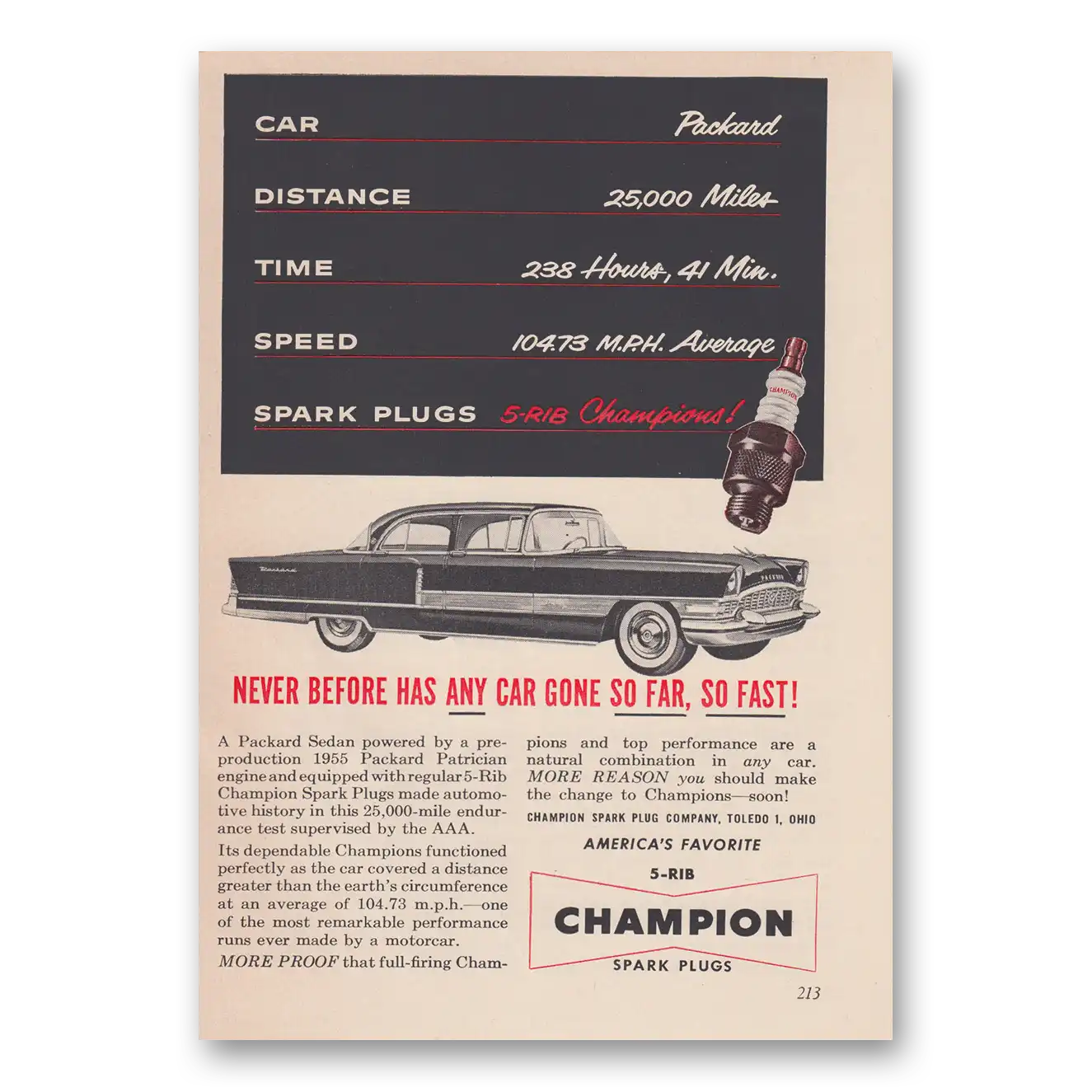 1955 Champion Spark Plugs Never Before Has Any Car Gone So Far Vintage Magazine Print Ad