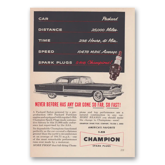 1955 Champion Spark Plugs Never Before Has Any Car Gone So Far Vintage Magazine Print Ad