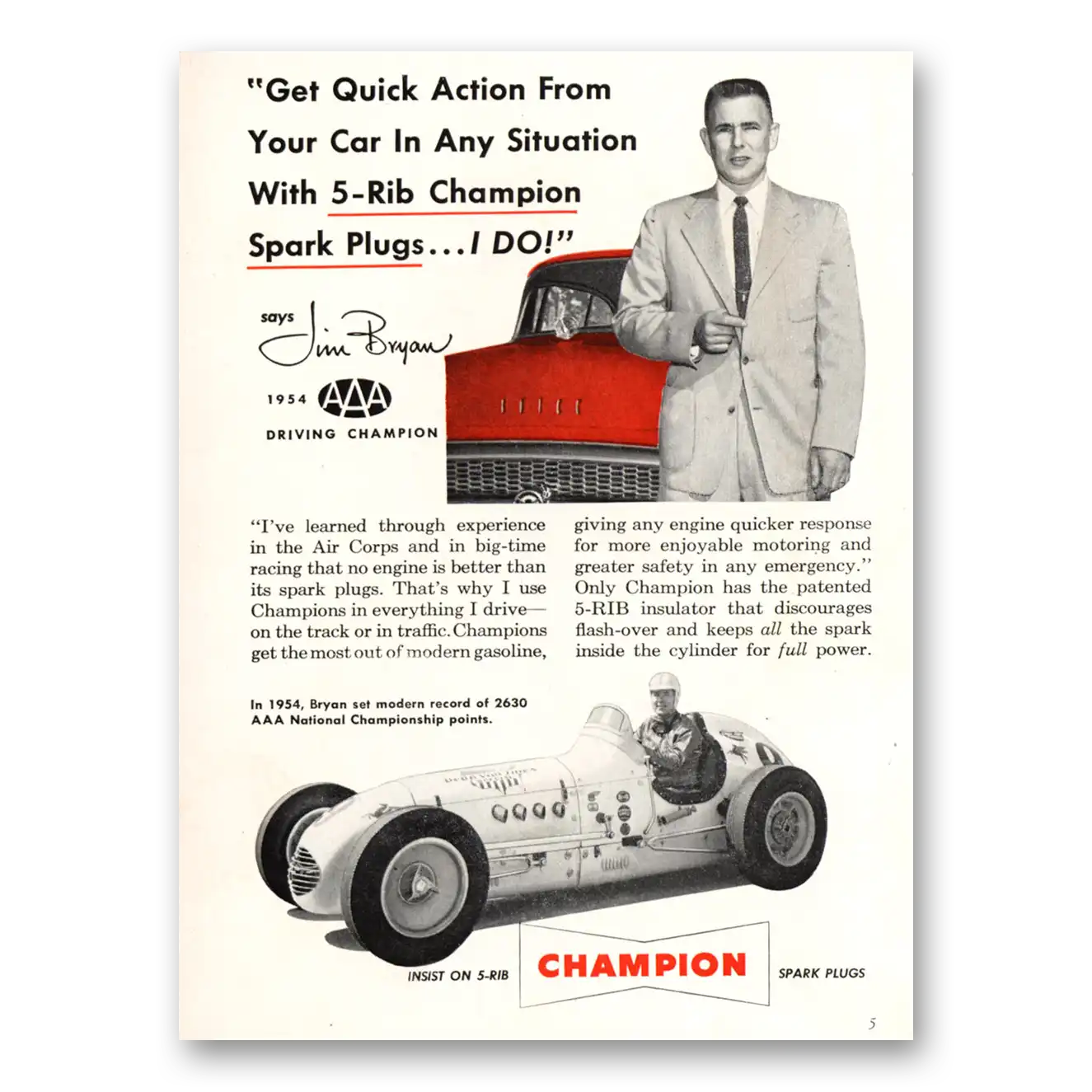 1955 Champion Spark Plugs Jim Bryan Driving Champion Vintage Magazine Print Ad