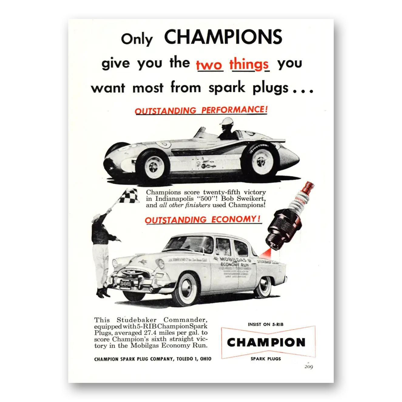 1955 Champion Spark Plugs Give You the Two Things You Want Most Vintage Magazine Print Ad