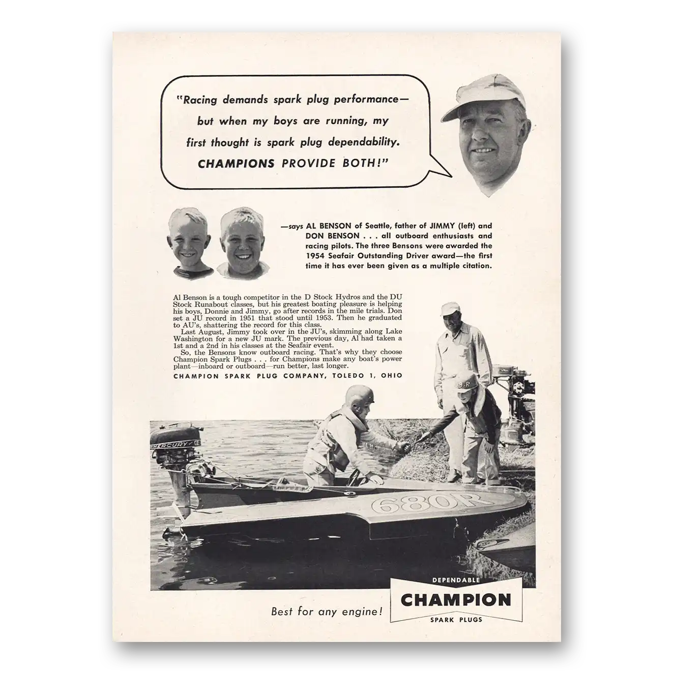 1955 Champion Spark Plugs Racing Demands Spark Plug Performance Vintage Magazine Print Ad