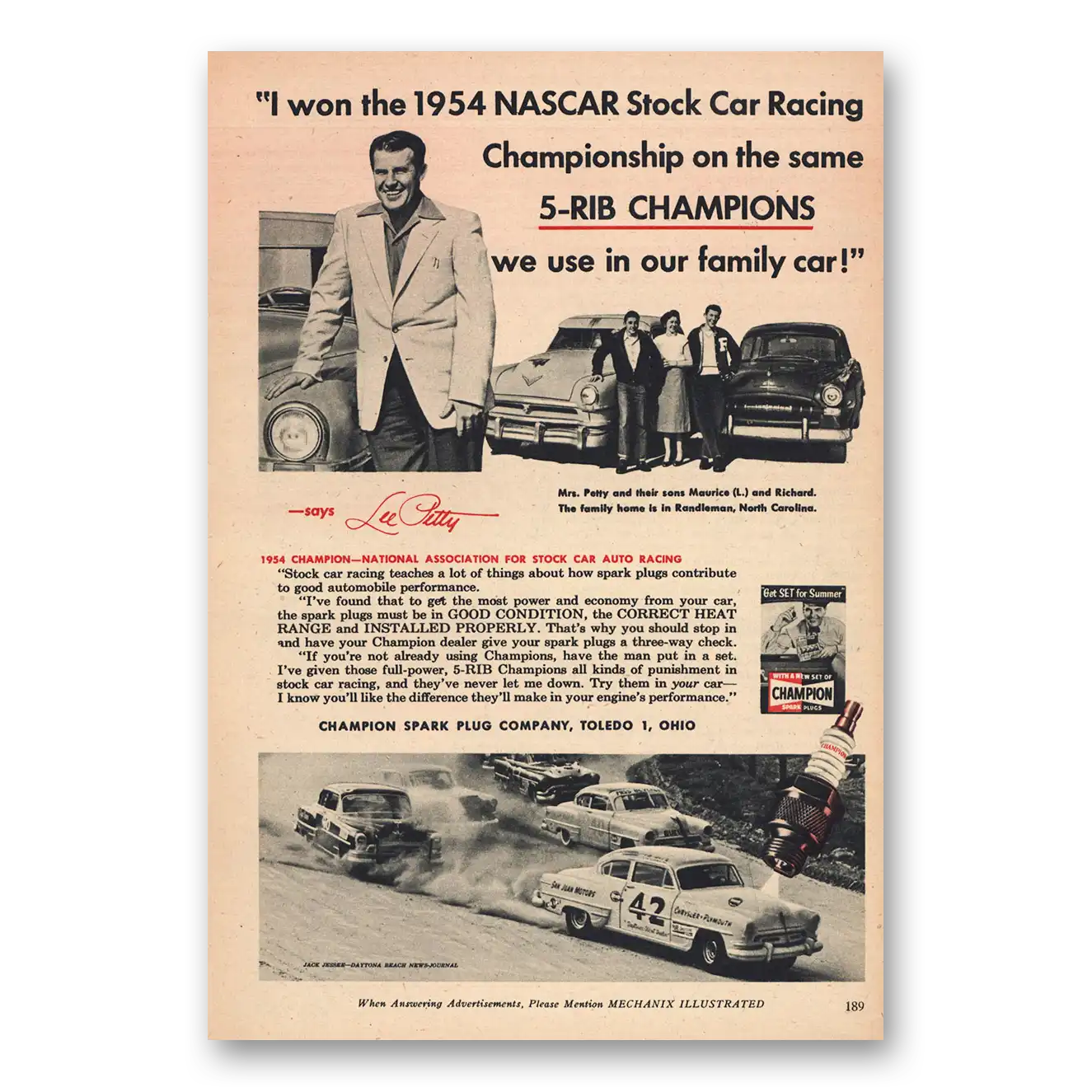 1955 Champion Spark Plugs Lee Petty 1954 Nascar Stock Car Vintage Magazine Print Ad