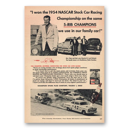 1955 Champion Spark Plugs Lee Petty 1954 Nascar Stock Car Vintage Magazine Print Ad