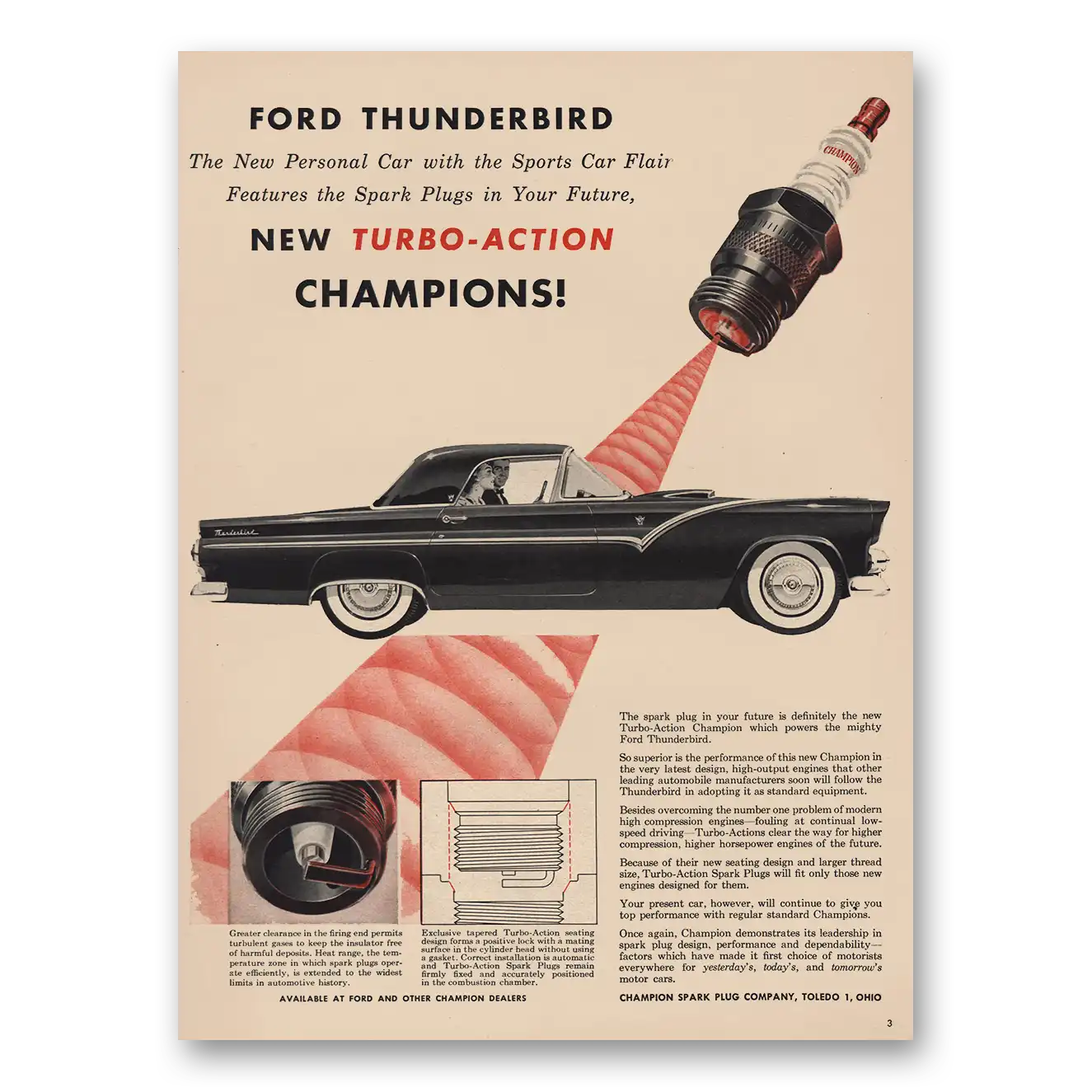 1955 Champion Spark Plugs Ford Thunderbird Vintage Magazine Print Ad